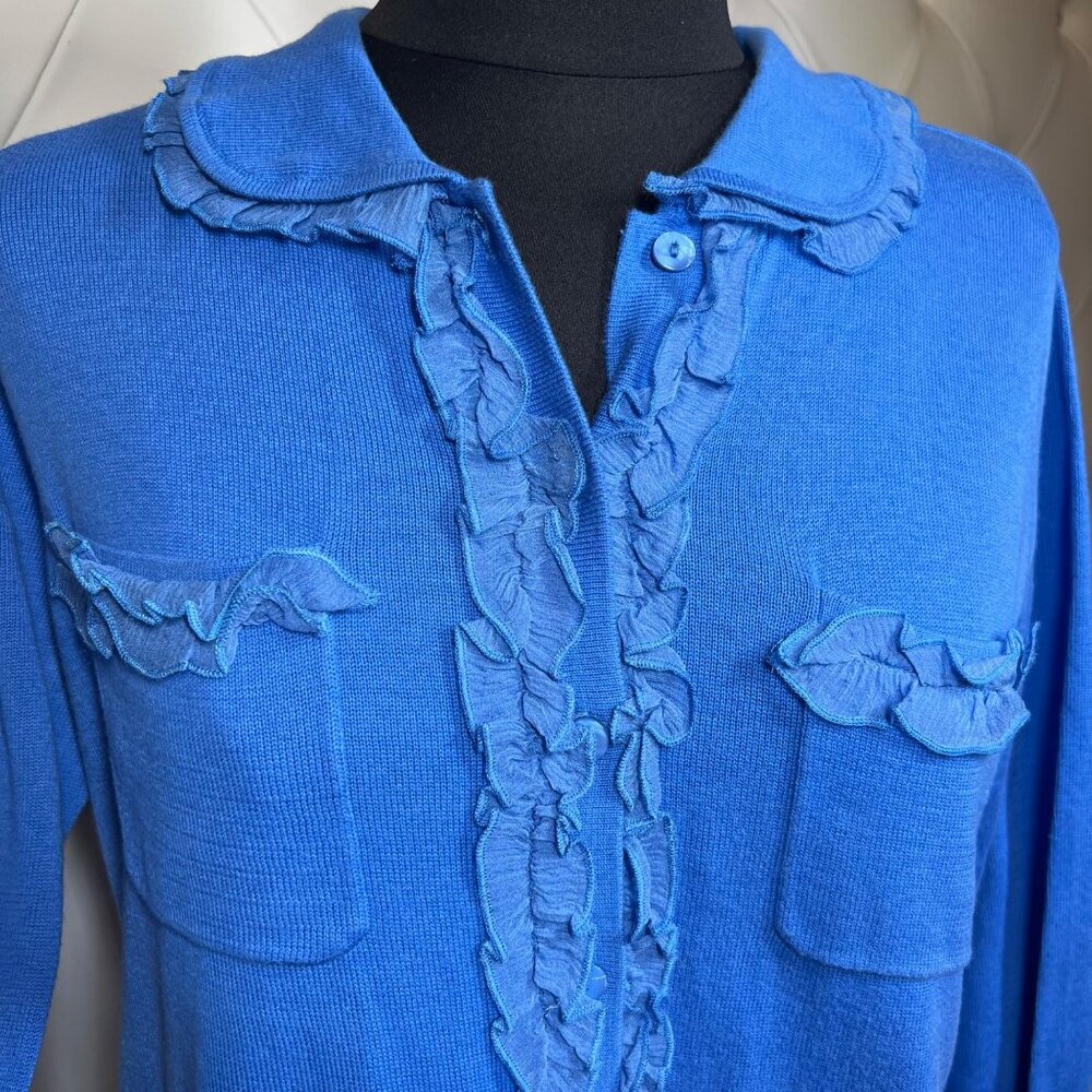 Tracy M. Blue Ruffled Cardigan Size L - Picture 3 of 9